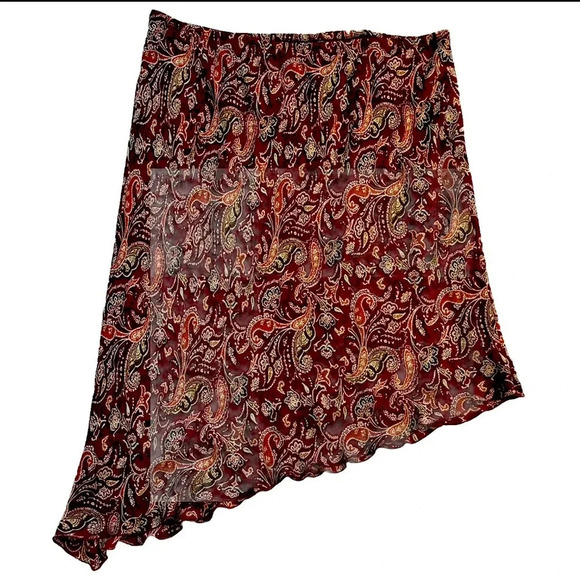 Venezia Jeans Y2K Silk Paisley Floral Asymmetrical Broomstick Skirt Maroon 26/28 - Picture 1 of 8